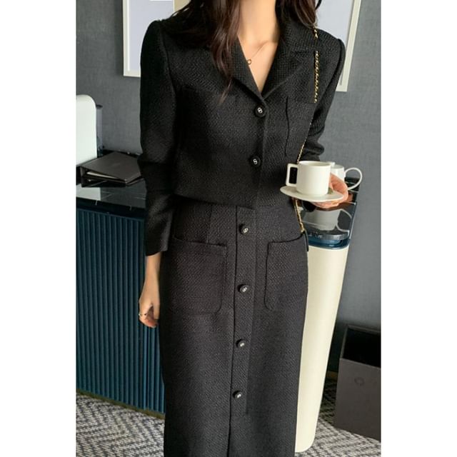 Plain Tweed Crop Single-Breasted Blazer / High Rise Button Front Midi Straight Skirt