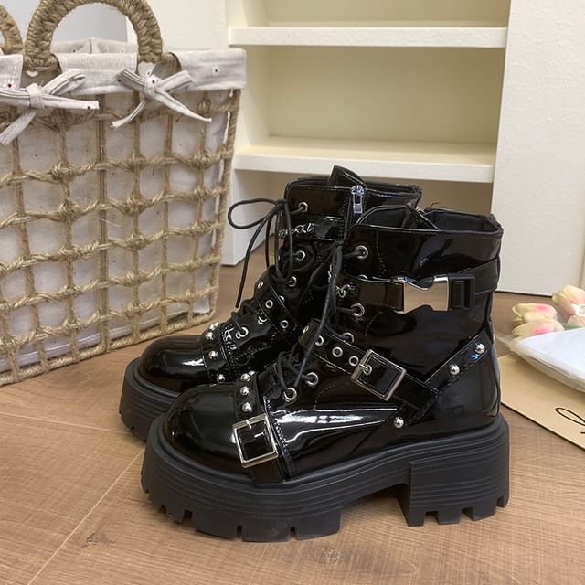 Patent Leather Boots Studded Platform Buckled Up Lace
