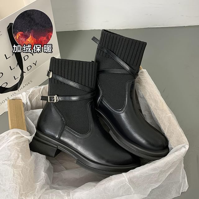 Platform Panel Knit Buckled Short Boots
