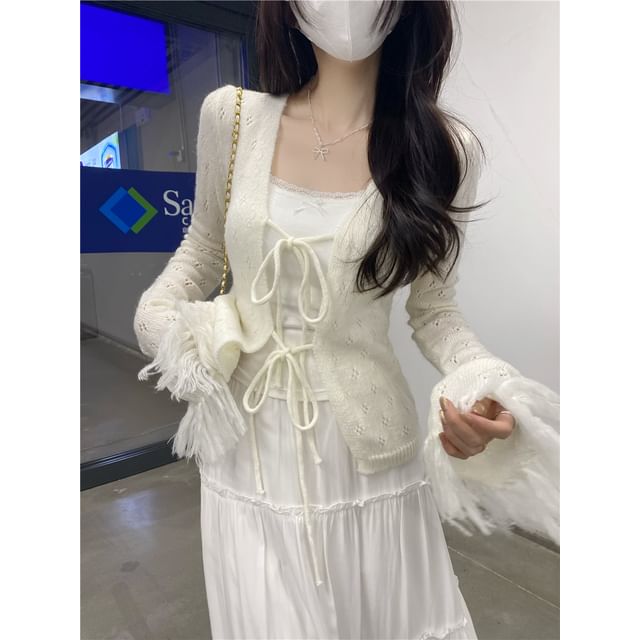 Fringed Tie Front Perforated Cardigan & Lace Camisole Set