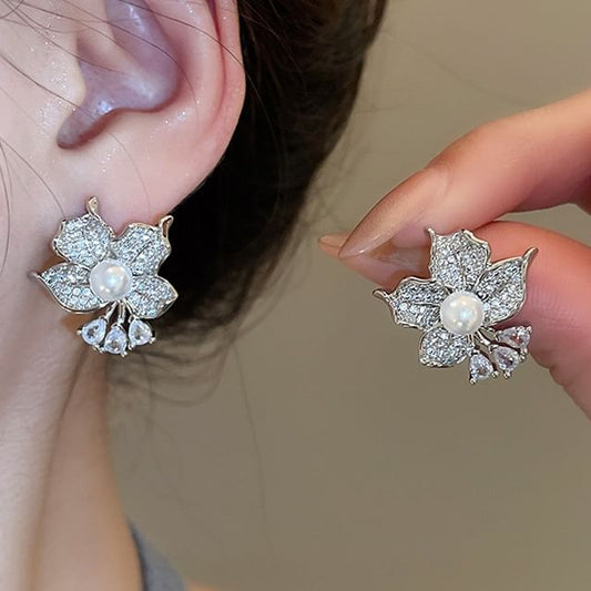 CZ Earring Pearl Faux Flower Stud