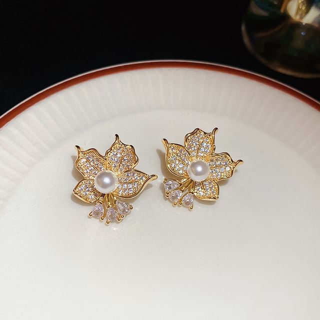 CZ Earring Pearl Faux Flower Stud