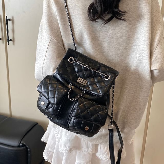Strap Leather Faux Backpack Quilted Chain