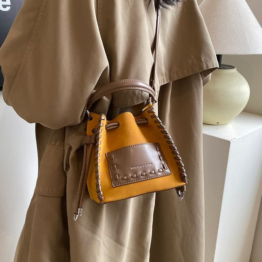 Drawstring Leather Applique Bucket Bag Faux