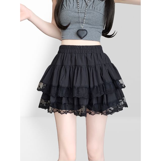 Lace Trim Tiered Mini A-Line Skirt Elastic Waist