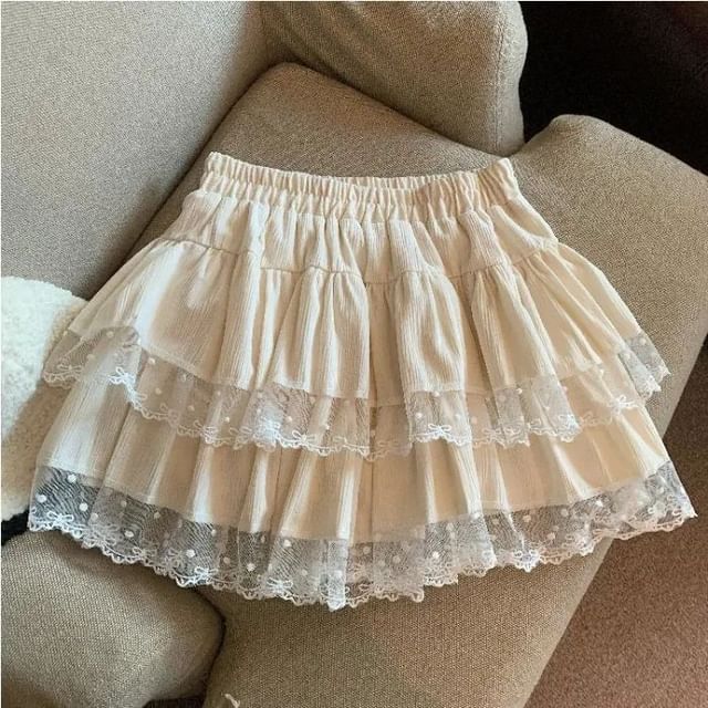 Lace Trim Tiered Mini A-Line Skirt Elastic Waist