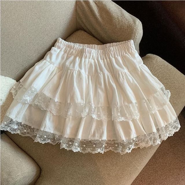 Lace Trim Tiered Mini A-Line Skirt Elastic Waist
