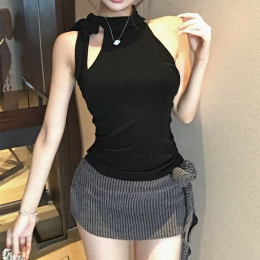 Neck Detail Flower Low Halter Plain Skirt Pencil Mini Mock Top / Waist