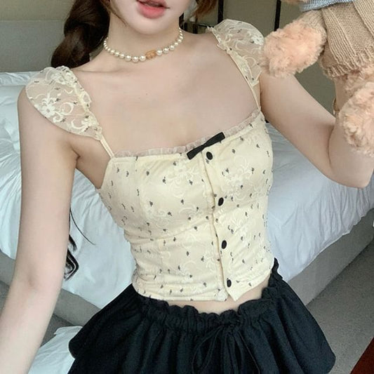 Lace Floral Cropped Camisole Top Bow