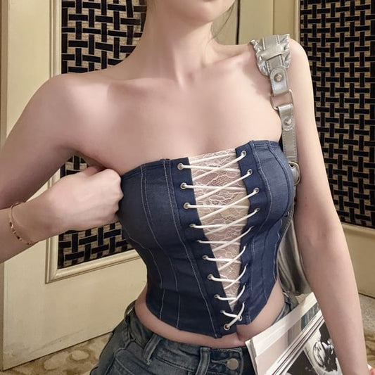 Striped Tube Lace Denim Panel Top Lace-Up
