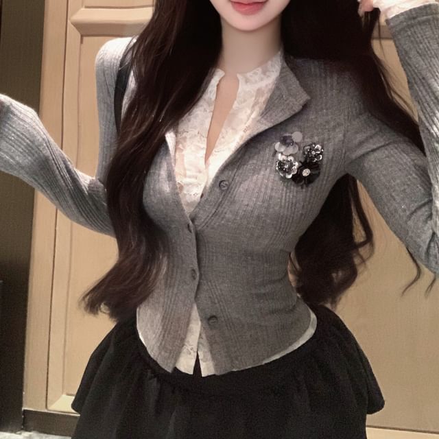 Lace Plain Two-Piece Cardigan Ribbed Trim Fit Slim Mock