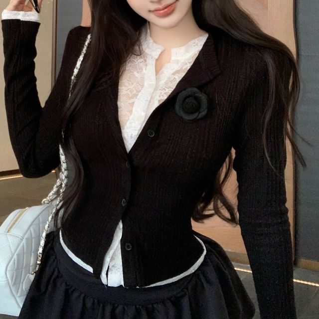 Lace Plain Two-Piece Cardigan Ribbed Trim Fit Slim Mock