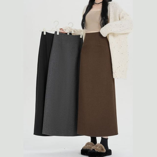 Back Midi Waist Plain Slit Skirt High A-Line