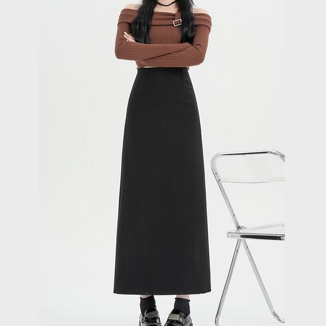Back Midi Waist Plain Slit Skirt High A-Line