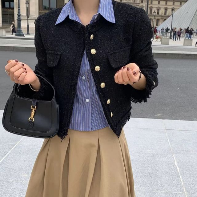 Round Neck Plain Fringed Tweed Button Jacket