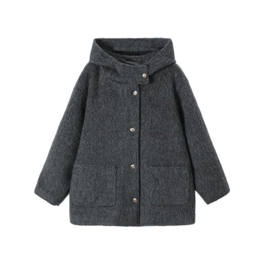 Hooded Plain Button Down Wool Coat