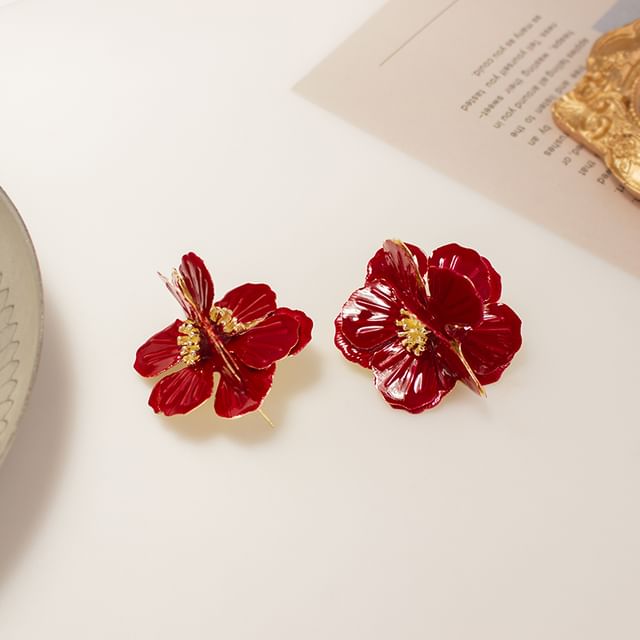 Clip On Enamel Earring Stud / Flower