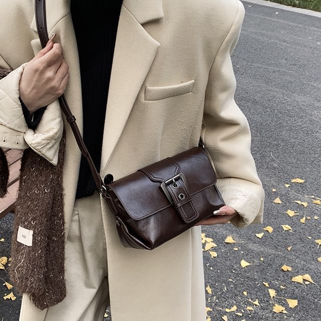 Crossbody Buckled Flap Faux Bag Plain Leather