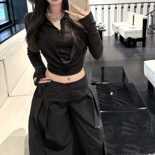 Plain Cropped Inverted Leg Rise Low Collar Pleated Tee Long-Sleeve Wide Pants /