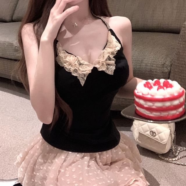 Mini Dotted A-Line / Rise Asymmetrical Skirt Scoop Plain Top Lace Neck Halter Mid Trim