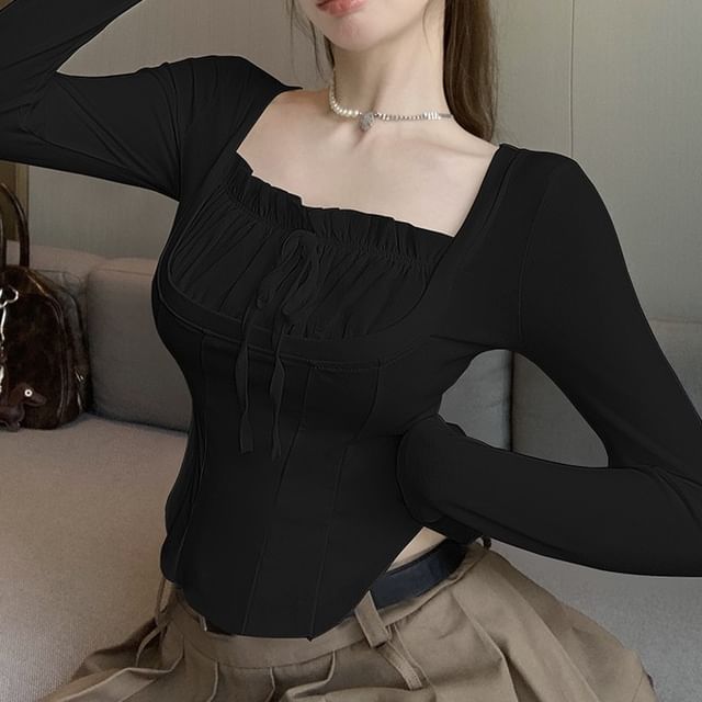 Top Shirred Square-Neck Plain Crop Long-Sleeve