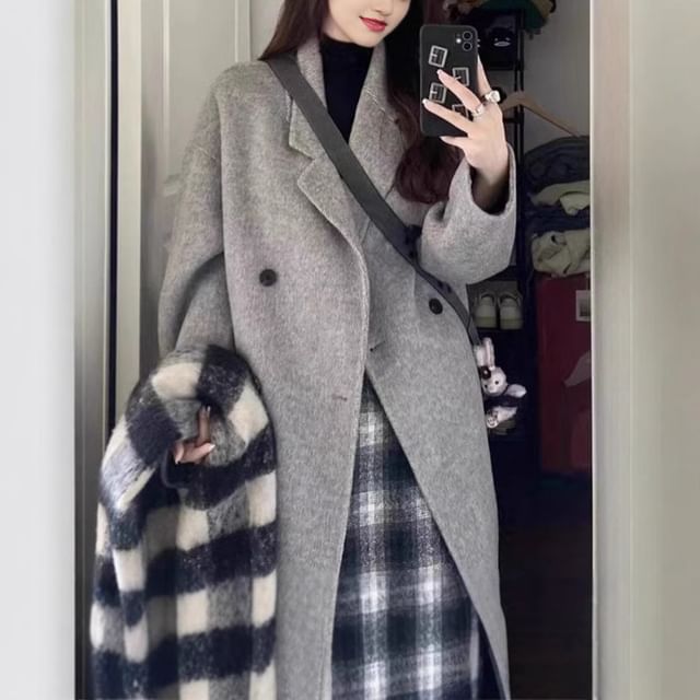 Collared Plain Midi Double Breasted Coat