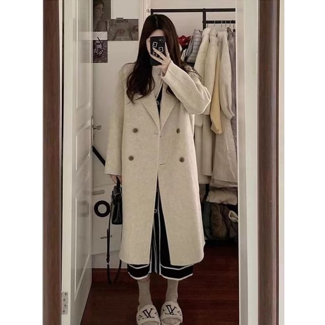 Collared Plain Midi Double Breasted Coat
