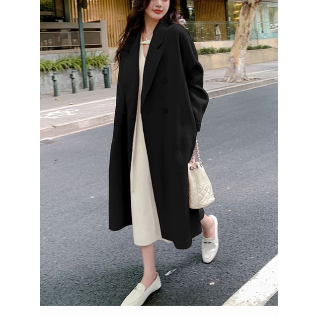 Collared Plain Midi Double Breasted Coat