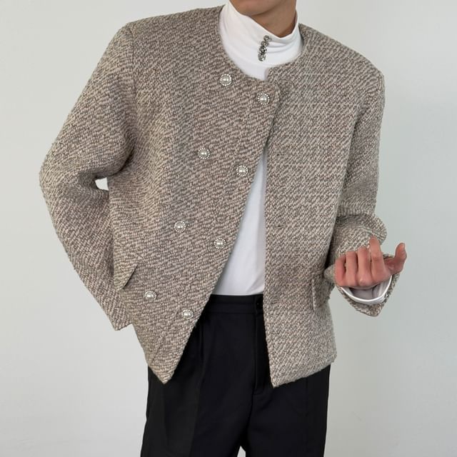 Crew Neck Double-Breasted Tweed Jacket