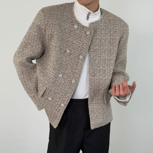 Crew Neck Double-Breasted Tweed Jacket