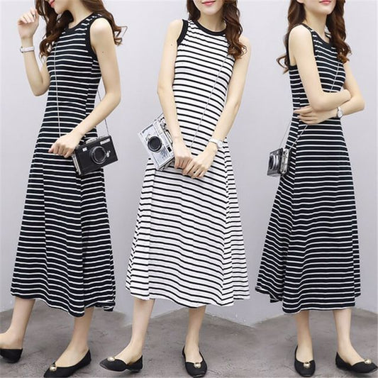 Striped A-Line Midi Tank Dress Neck Crew