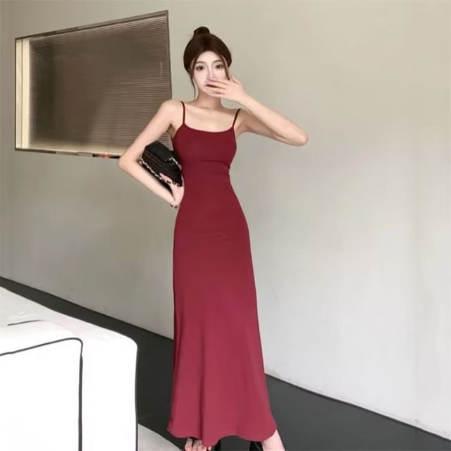Neck Spaghetti Plain Bodycon Strap Midi Dress Scoop