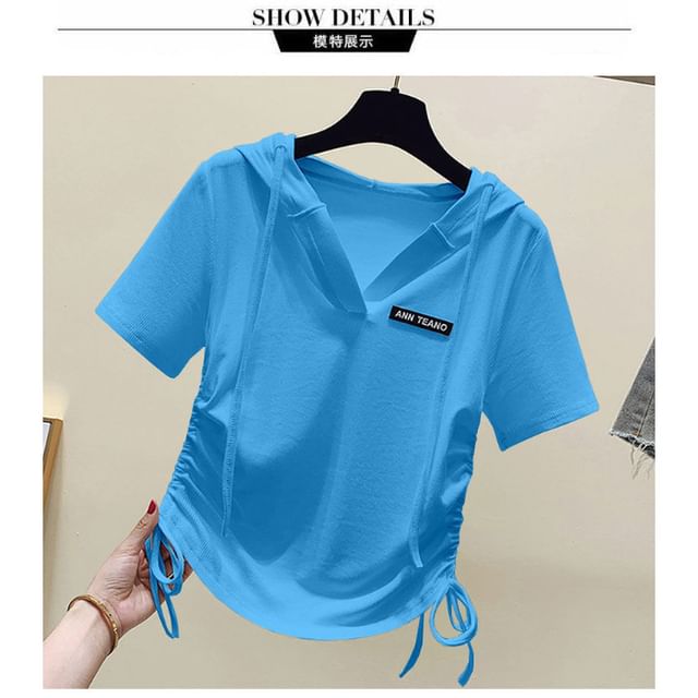 Short-Sleeve Lettering Tee Drawstring V-Neck