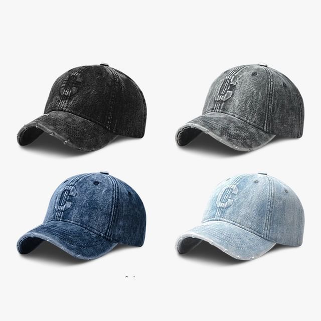 Denim Lettering Cap Washed Distressed Baseball Embroidered