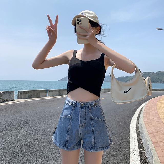 Shorts Zip Denim Washed Lettering Print Waist High Slit