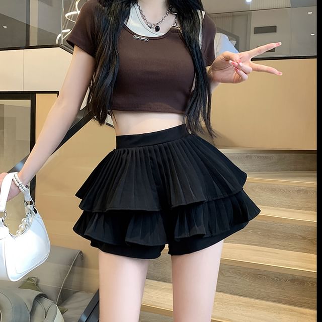 Accordion Ruffle Pleated Skirt A-Line Waist High Plain Mini