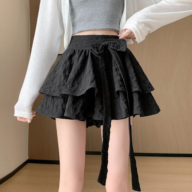Mini Waist Ruffle Skirt High A-Line Plain Bow