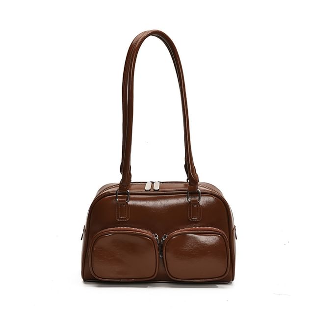 Leather Plain Bowler Bag Faux
