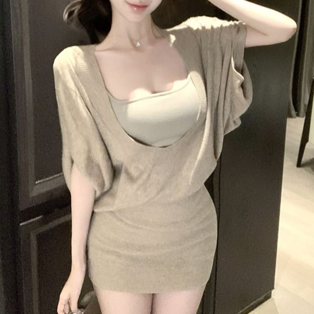 Top / Elbow-Sleeve Dress Sheath Camisole Mini Plain