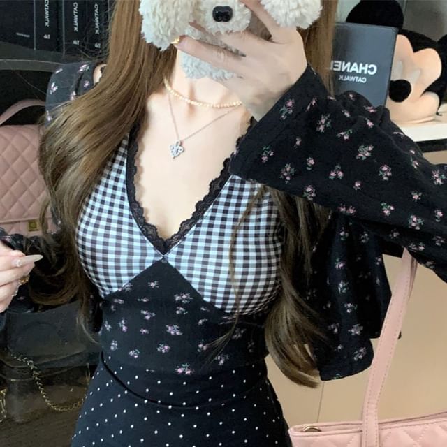 Floral Cami Dress Cardigan Panel Crop Mini Top Print Plaid /