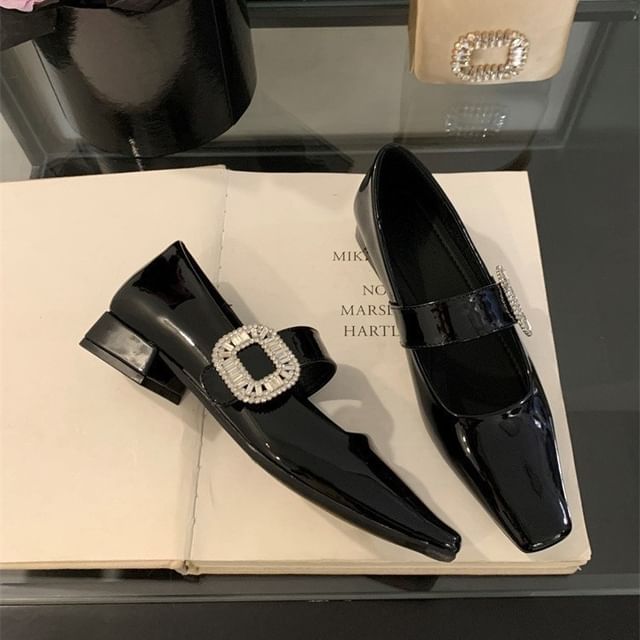 Heel Jane Mary Pumps Low Rhinestone Buckle