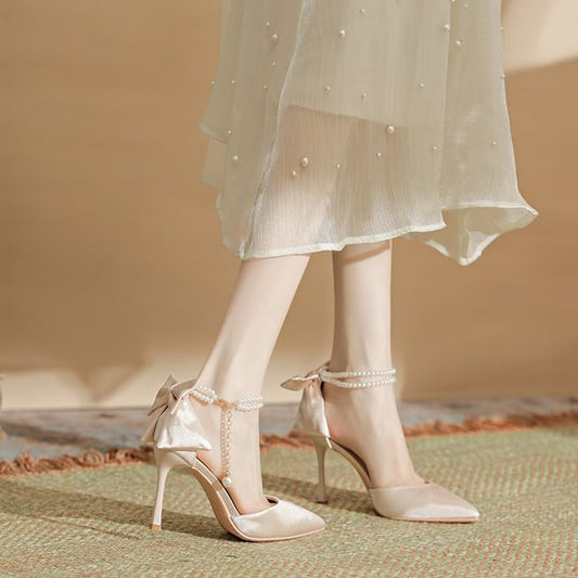 Stiletto Heel Bow Faux Pearl Strap Sandals