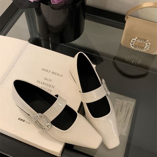 Heel Jane Mary Pumps Low Rhinestone Buckle