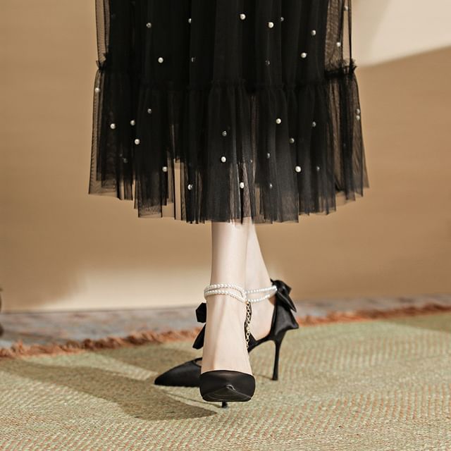 Stiletto Heel Bow Faux Pearl Strap Sandals