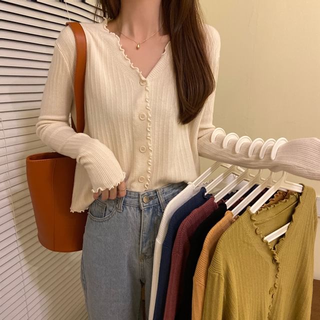 Cropped Plain V-Neck Ribbed Cardigan Knit