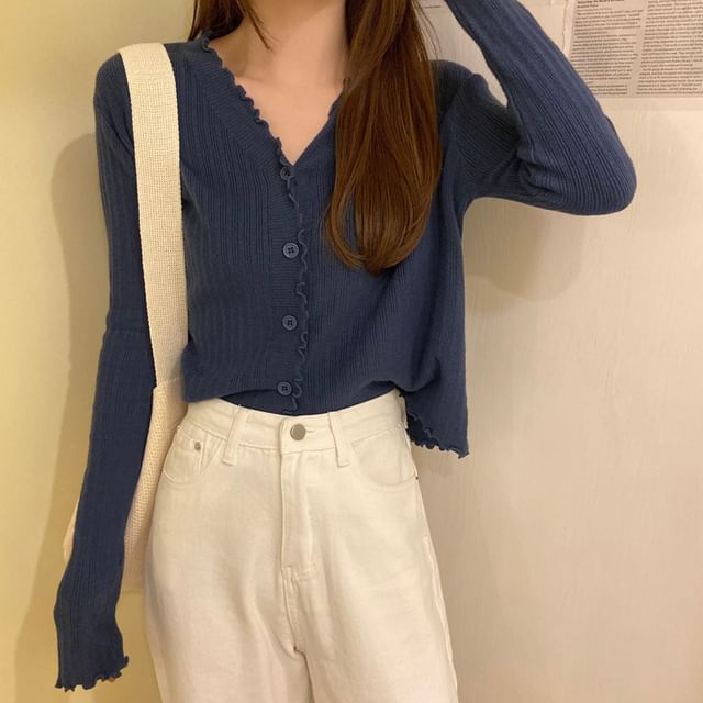 Cropped Plain V-Neck Ribbed Cardigan Knit
