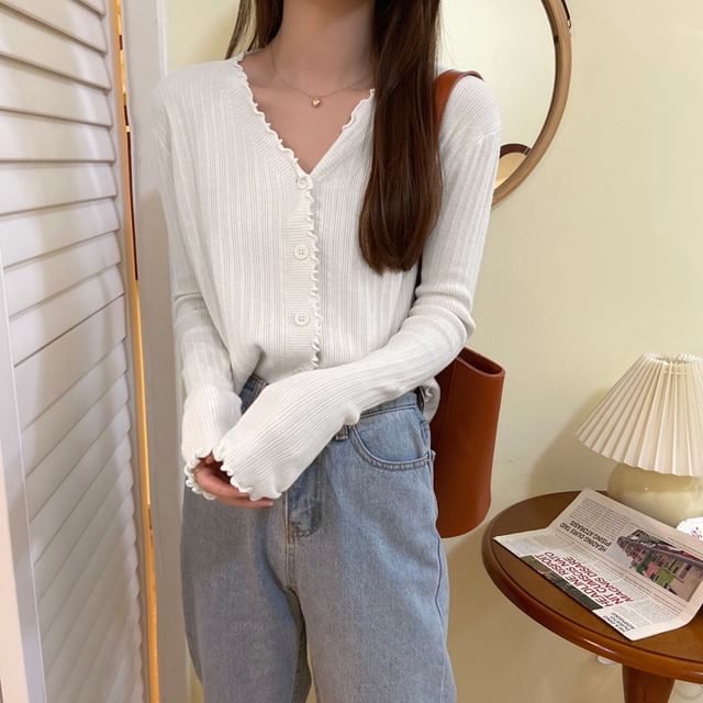 Cropped Plain V-Neck Ribbed Cardigan Knit