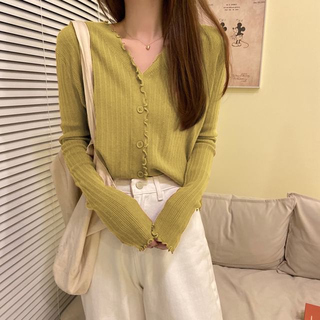Cropped Plain V-Neck Ribbed Cardigan Knit