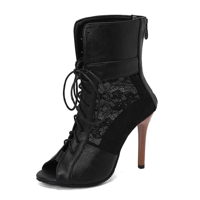 High Heel Peep-Toe Lace Panel Sandals