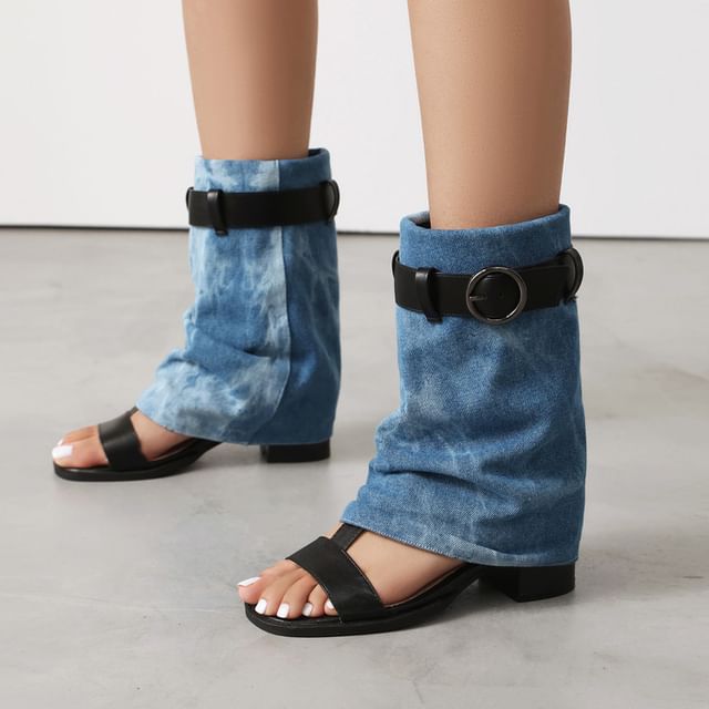 Short Washed Thong Heel Boots Denim Block